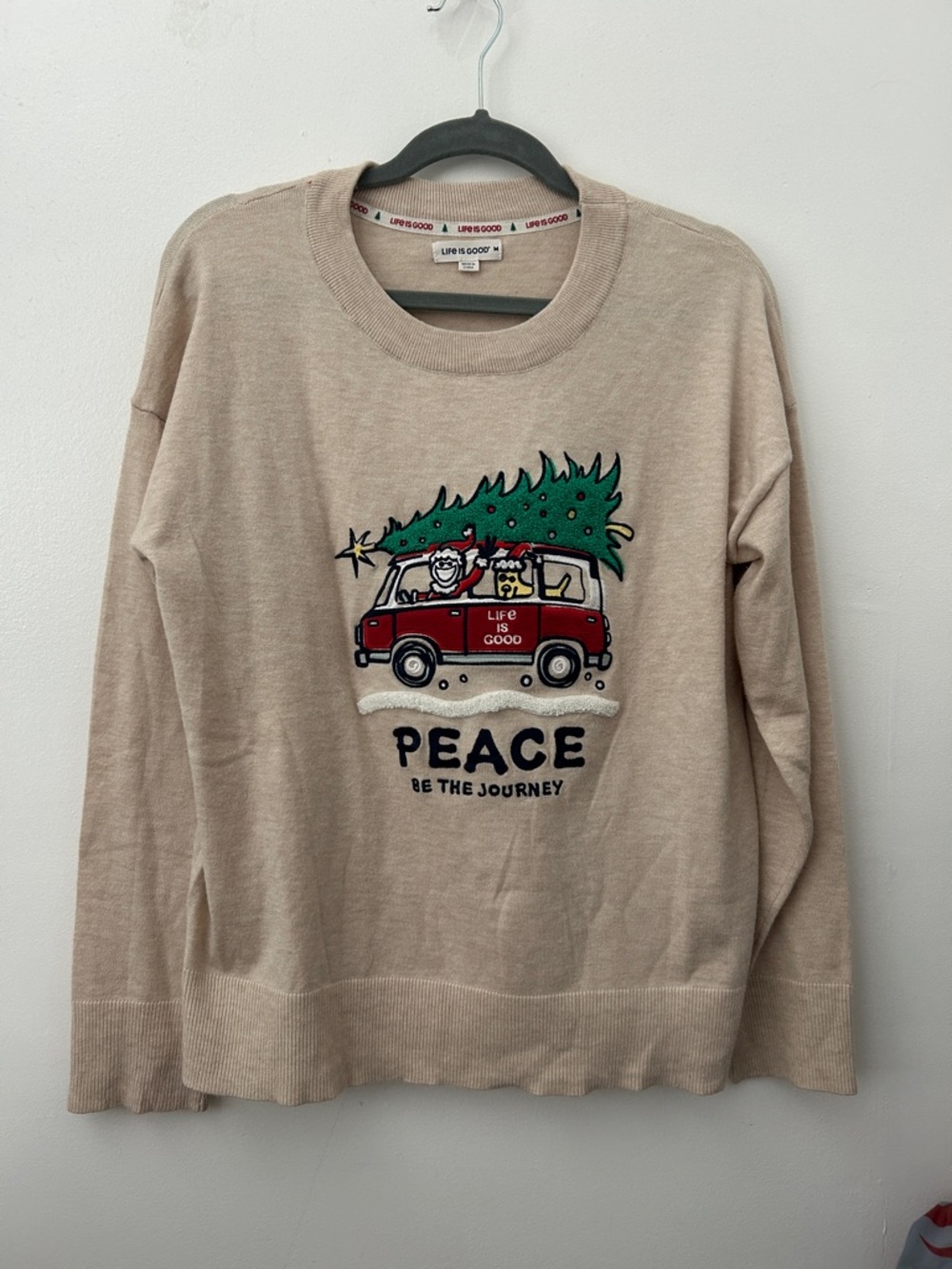 Life Is Good Holiday Crewneck with Red Van and Green Tree Graphic
